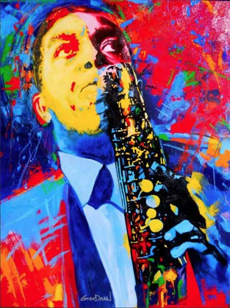 Painting of Charlie Parker done in primary colors