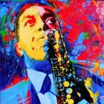Painting of Charlie Parker done in primary colors