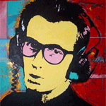 Painting of Elvis Costello with pink sunglasses